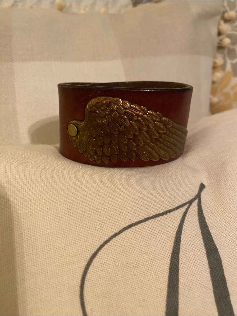 Leather Cuff Bracelet with Brass Angel Wing Accent
